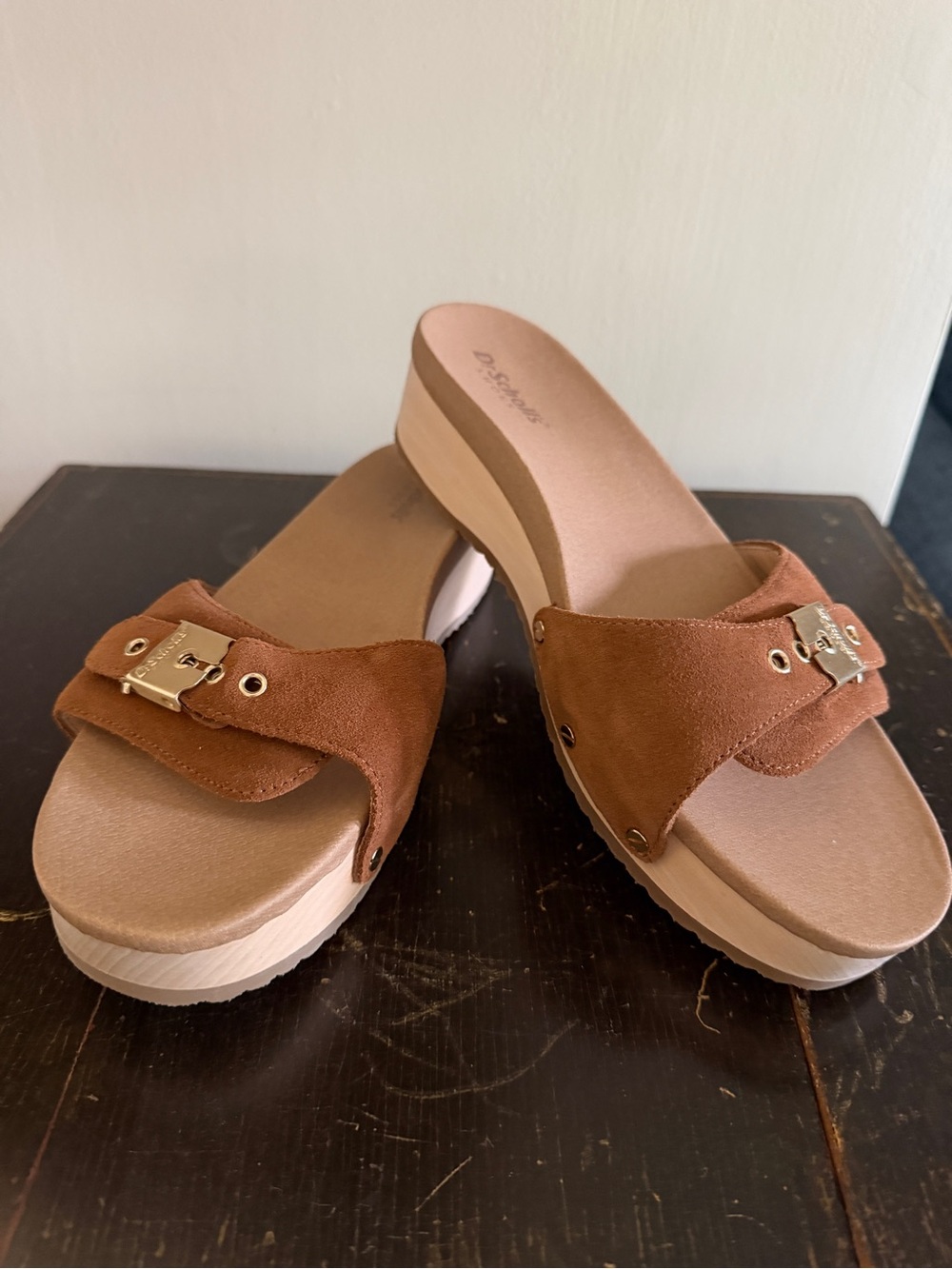 Dr. Scholl's Brown Suede Slide with Gold Buckle